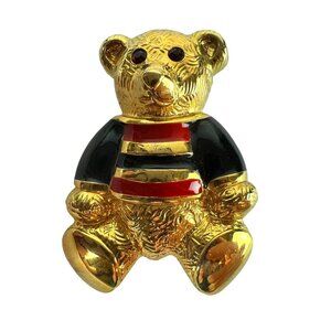 Anne Klein Gold Tone Teddy Bear Brooch Pin With Black & Red Enamel